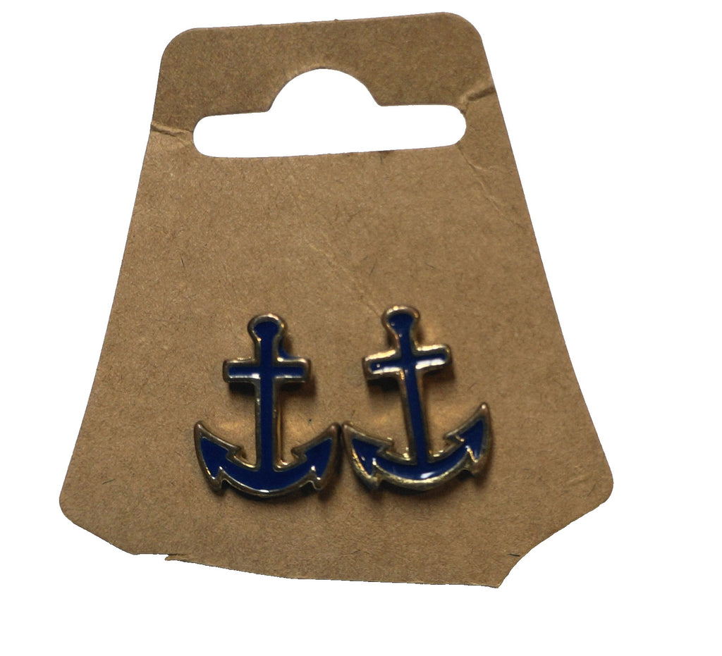 Royal Blue Enamel Gold Tone Anchor Nautical Earrings