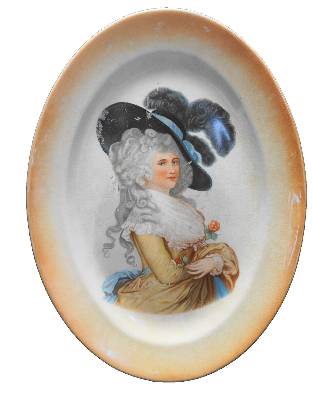 Steubenville China Oval Platter Duchess of Devonshire Decal Orange Rim