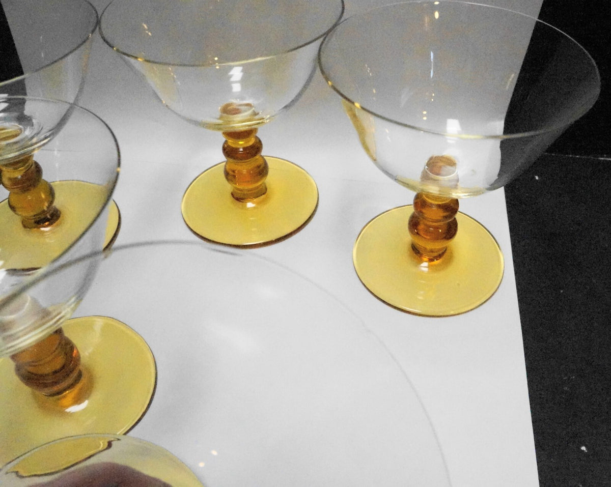 Amber Ball Stem Clear Bowl Blown Glass Sherbets Set of 5