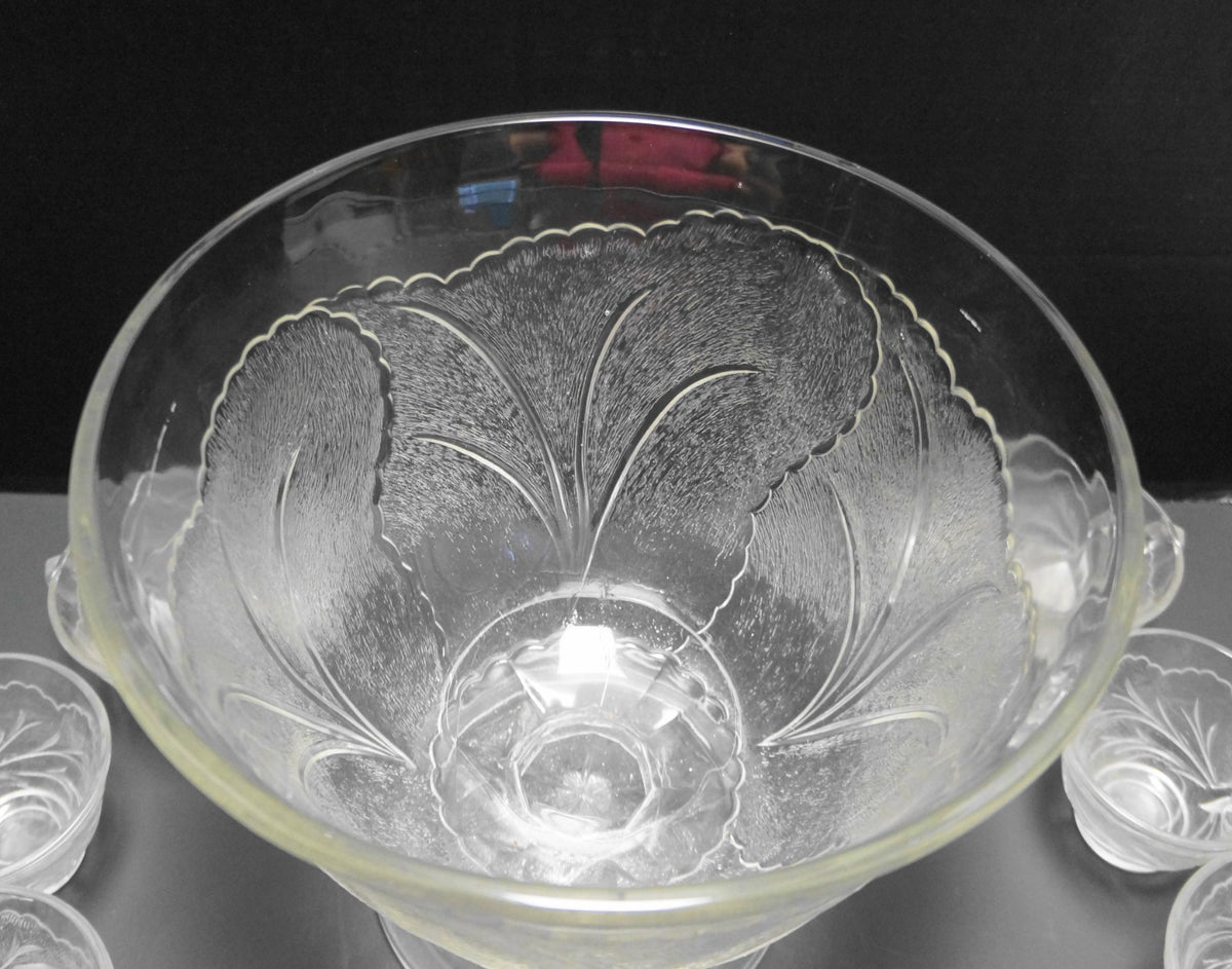 Indiana Glass Pebble Leaf Clear Glass Punch Set Footed Bowl 12 Cups