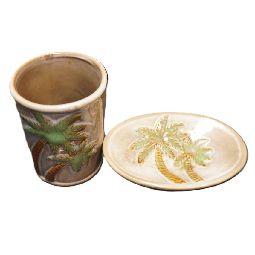 Palm Tree Ceramic Bathroom Set Tumbler Soap Dish Toothbrush Holder