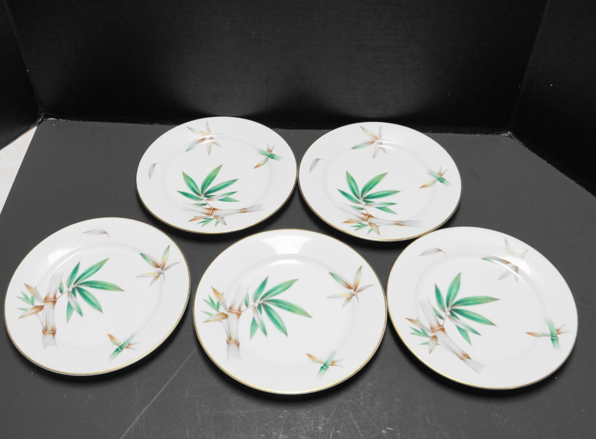Noritake Bamboo Salad Plates Green Brown Rim Shape 7 1/2" Set of 5