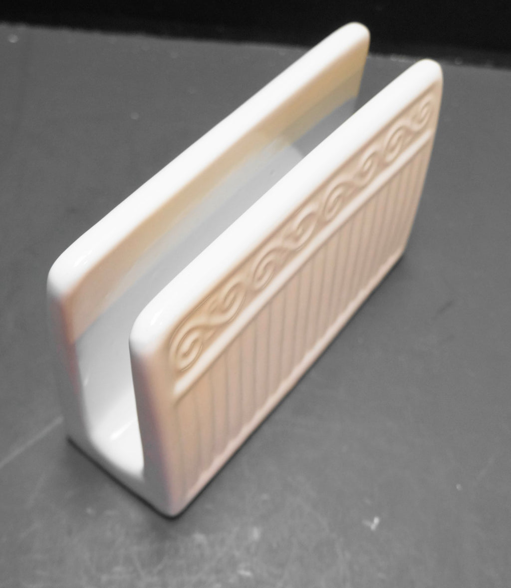 Gibson Claremont White Glazed Embossed Scrolls Column Ribs Napkin Holder