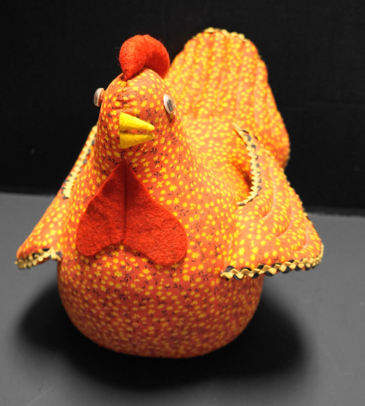 Calico Chicken Folk Art Doorstop Red Yellow Floral Print 1970s