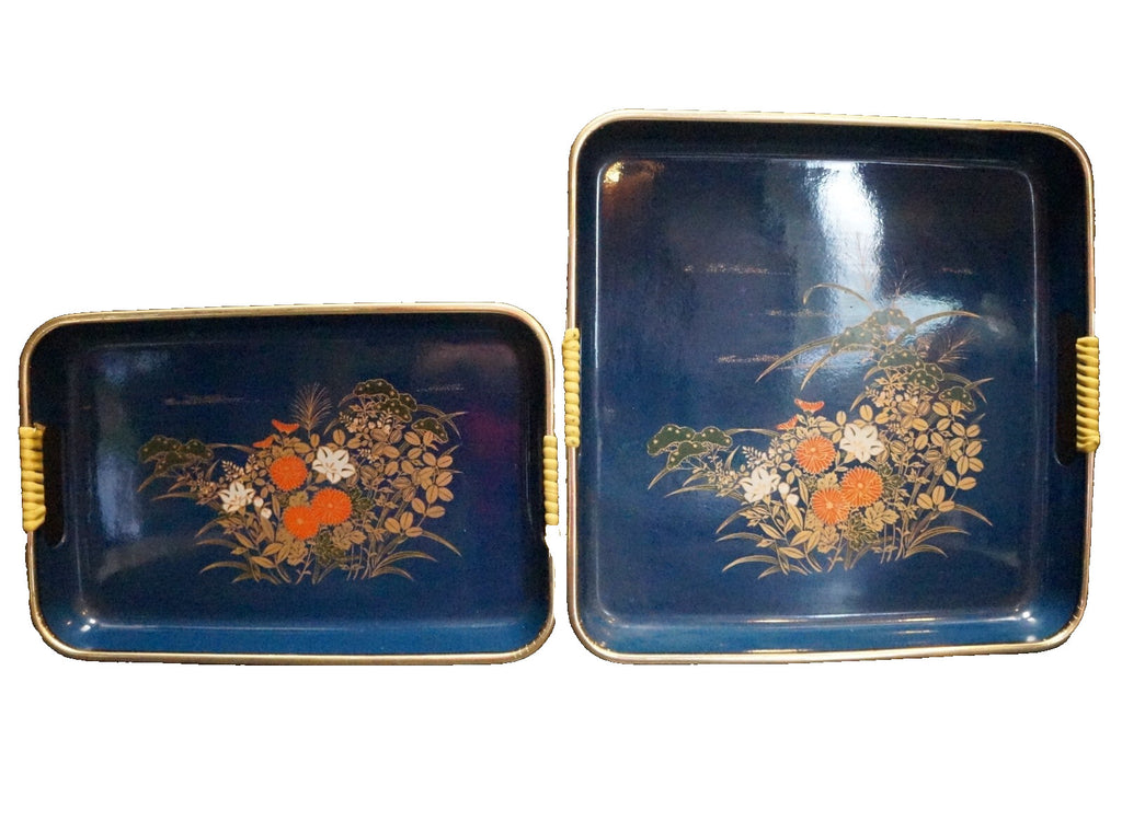 Blue Lacquerware Trays Square Rectangle Set Orange Gold Flowers Japan