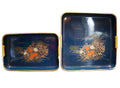 Blue Lacquerware Trays Square Rectangle Set Orange Gold Flowers Japan