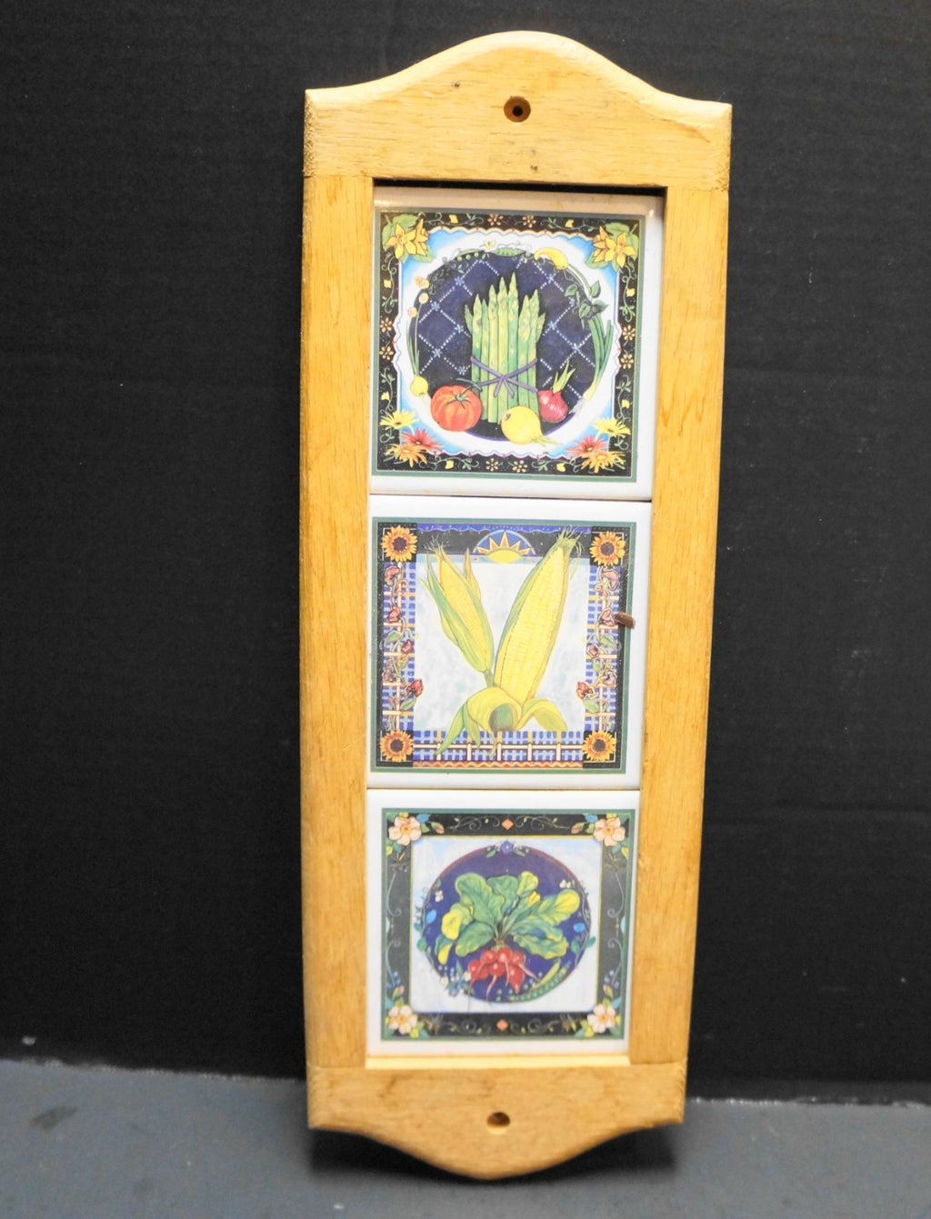 Vegetable Decorated Ceramic Tiles Wood Frame Wall Hanging USA