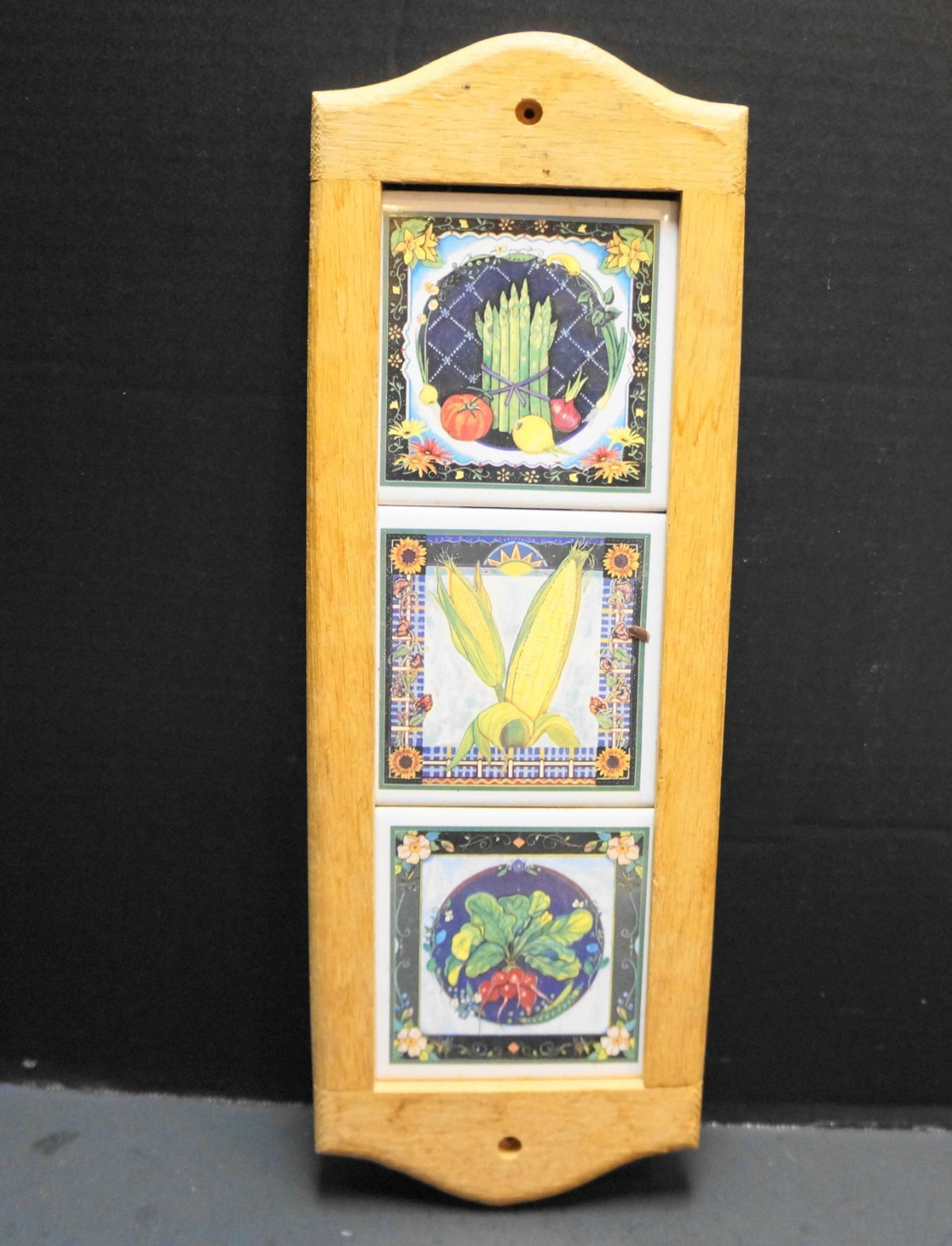 Vegetable Decorated Ceramic Tiles Wood Frame Wall Hanging USA