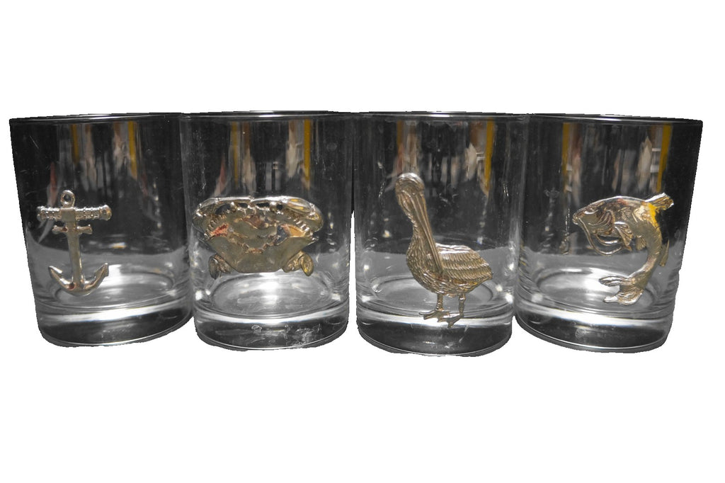 Maurice Milleur Fine Pewter Glass Tumblers Set of 4 Crab Pelican Catfish Anchor