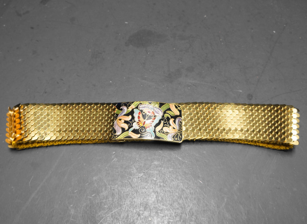 Cloisonne Buckle Butterfly Lotus Gold Tone Scale Stretch Belt 1980s Women 26 IN
