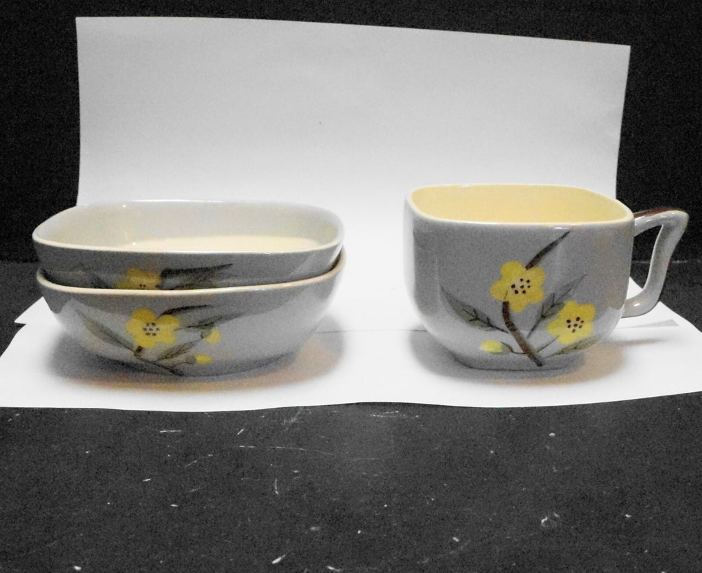 Weil Ware Blossom Gray Yellow Flowers Cup Bowls 3 Pieces
