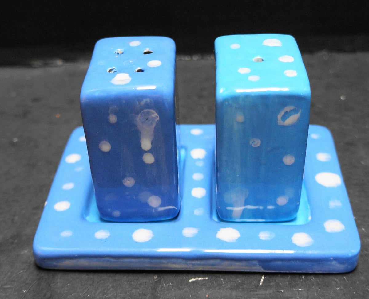 Hand Painted Blue White Dots Salt Pepper Shakers Tray Ceramic