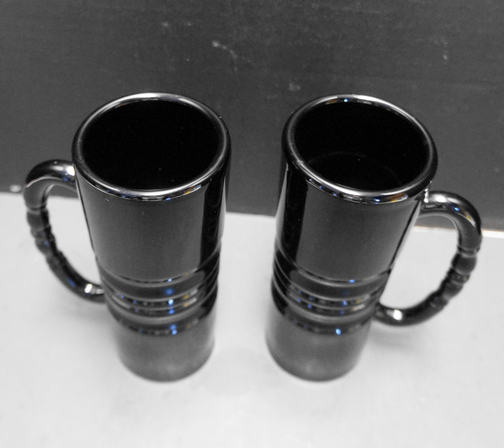 Tiara Exclusives Black Glass Ribbed Tall Mugs Steins Pair Indiana Glass