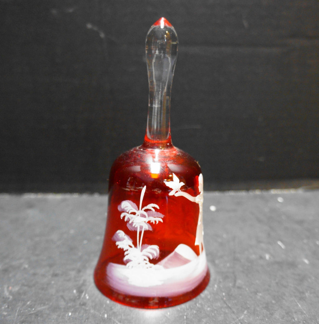 Mary Gregory Red Glass White Enamel Paint Girl With Bird Bell Clear Handle