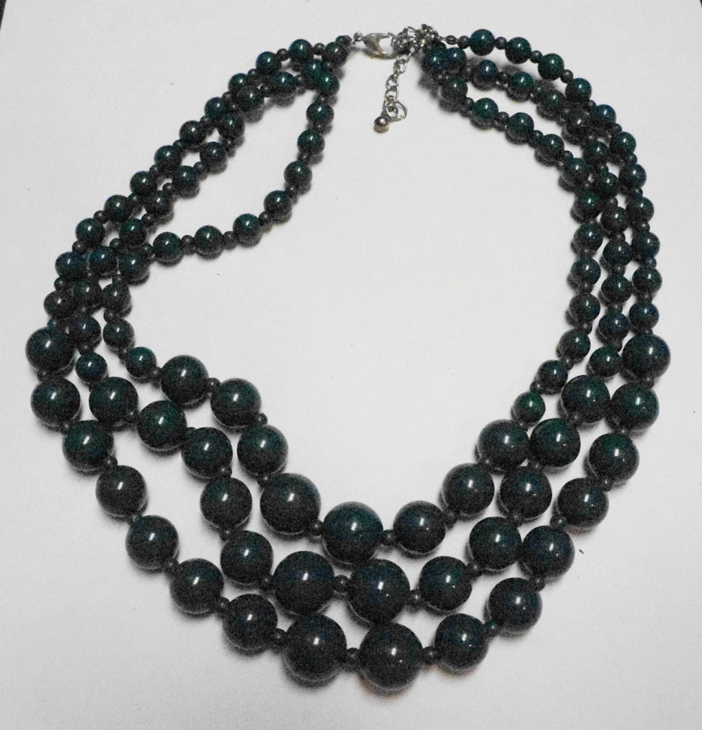 Deep Green Plastic Triple Strand Graduated Beads Necklace