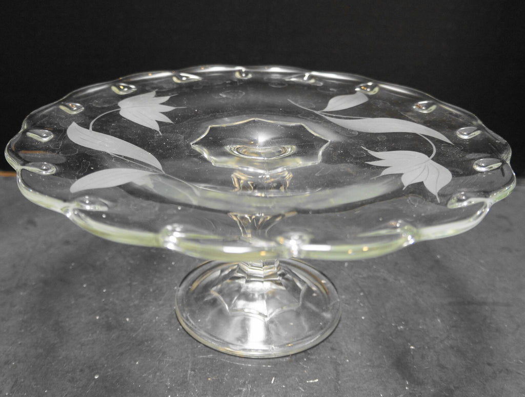 Indiana Glass Teardrop Clear Cake Stand Etched Flowers