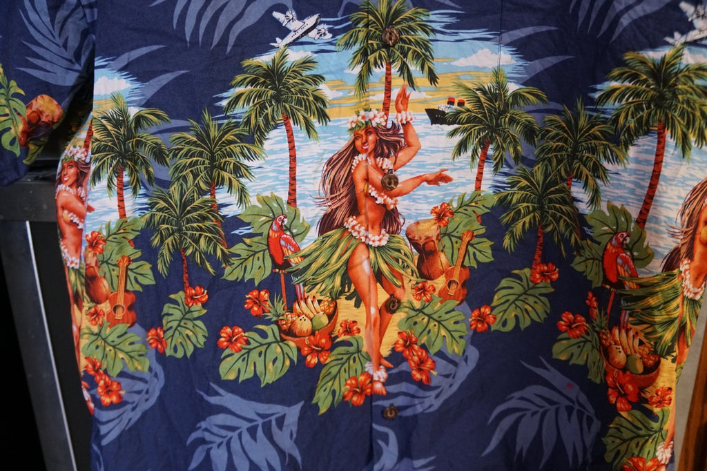 KY Authentic Aloha Hawaiian Shirt Men's XL Hula Girl Dark Blue