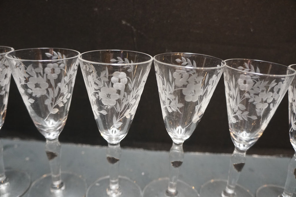Wheel Cut Floral Cordial 5 IN Wine Glasses Bulbous Stems Set of 6