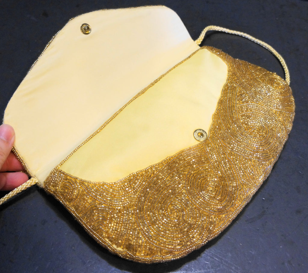 Gold Beaded Swirls Satin Evening Bag Purse