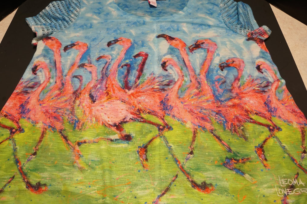 Leoma Lovegrove Flamingos Women's Top Shirt Size Large L Scoop Neck Blue Pink