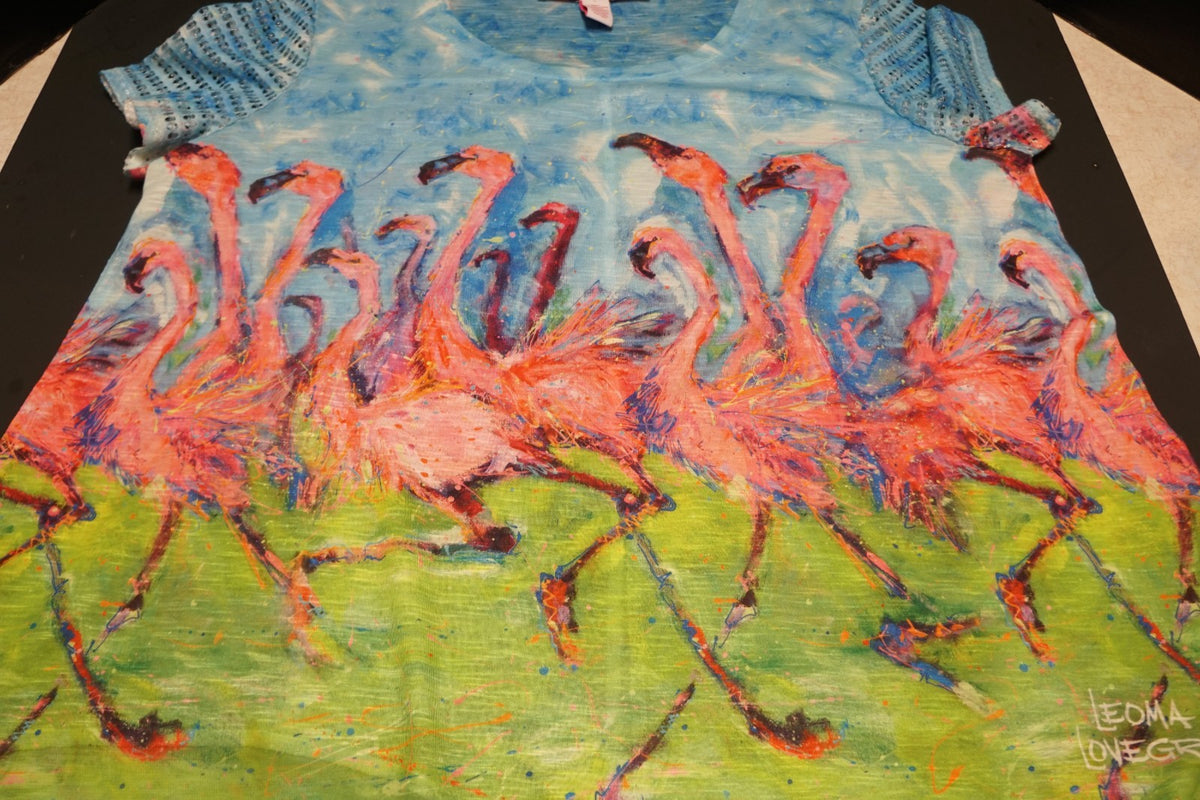 Leoma Lovegrove Flamingos Women's Top Shirt Size Large L Scoop Neck Blue Pink