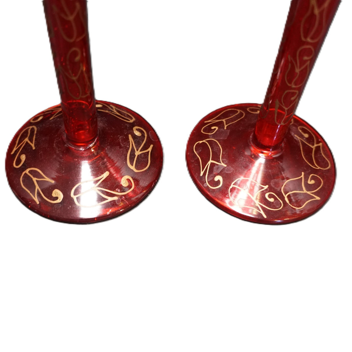 Pier 1 Rioja Hand Painted Red Flashed Gold Squiggles Champagne Flutes Pair