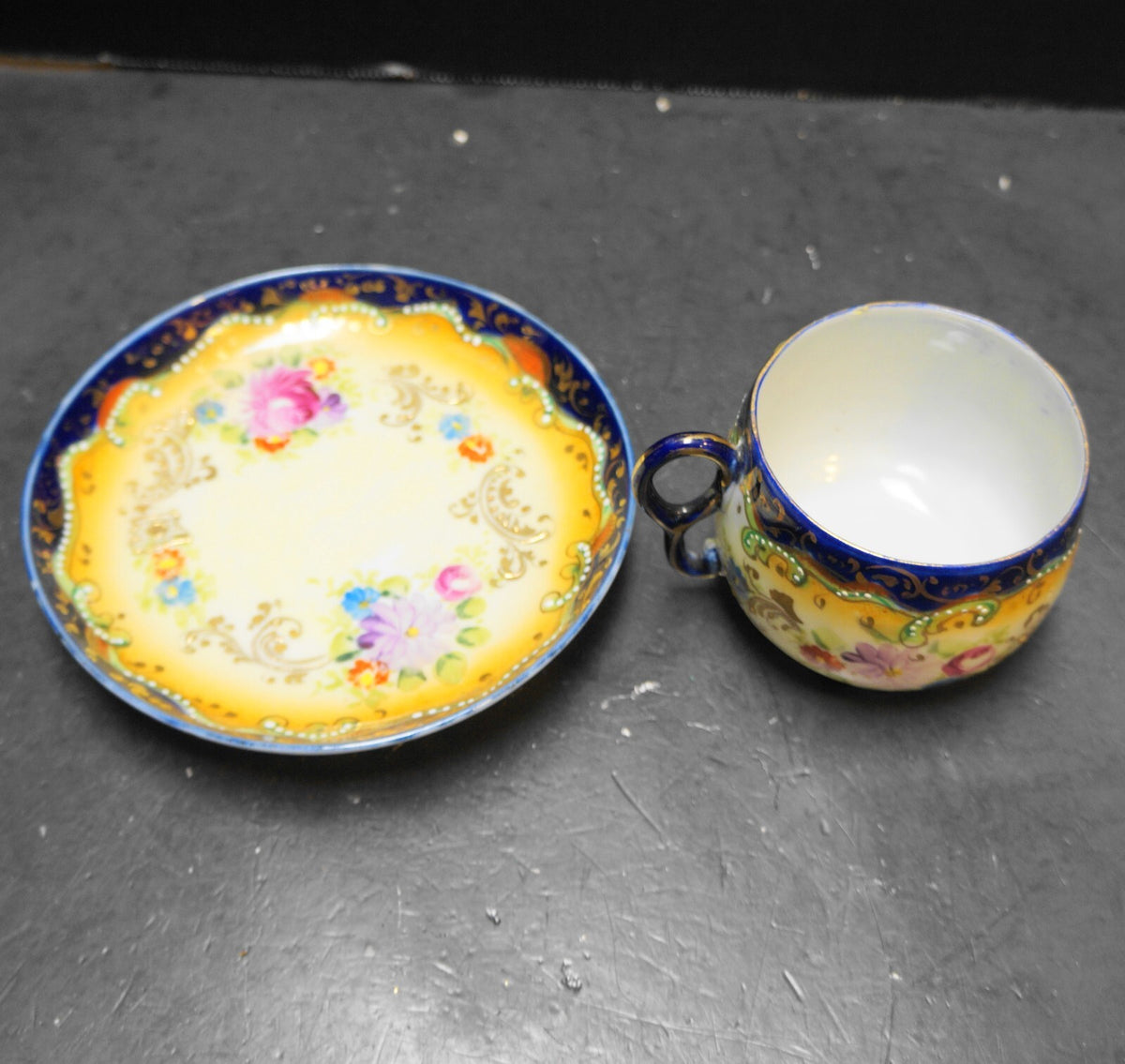 Cobalt Blue Trim Hand Painted Roses Cup Saucer Translucent Porcelain