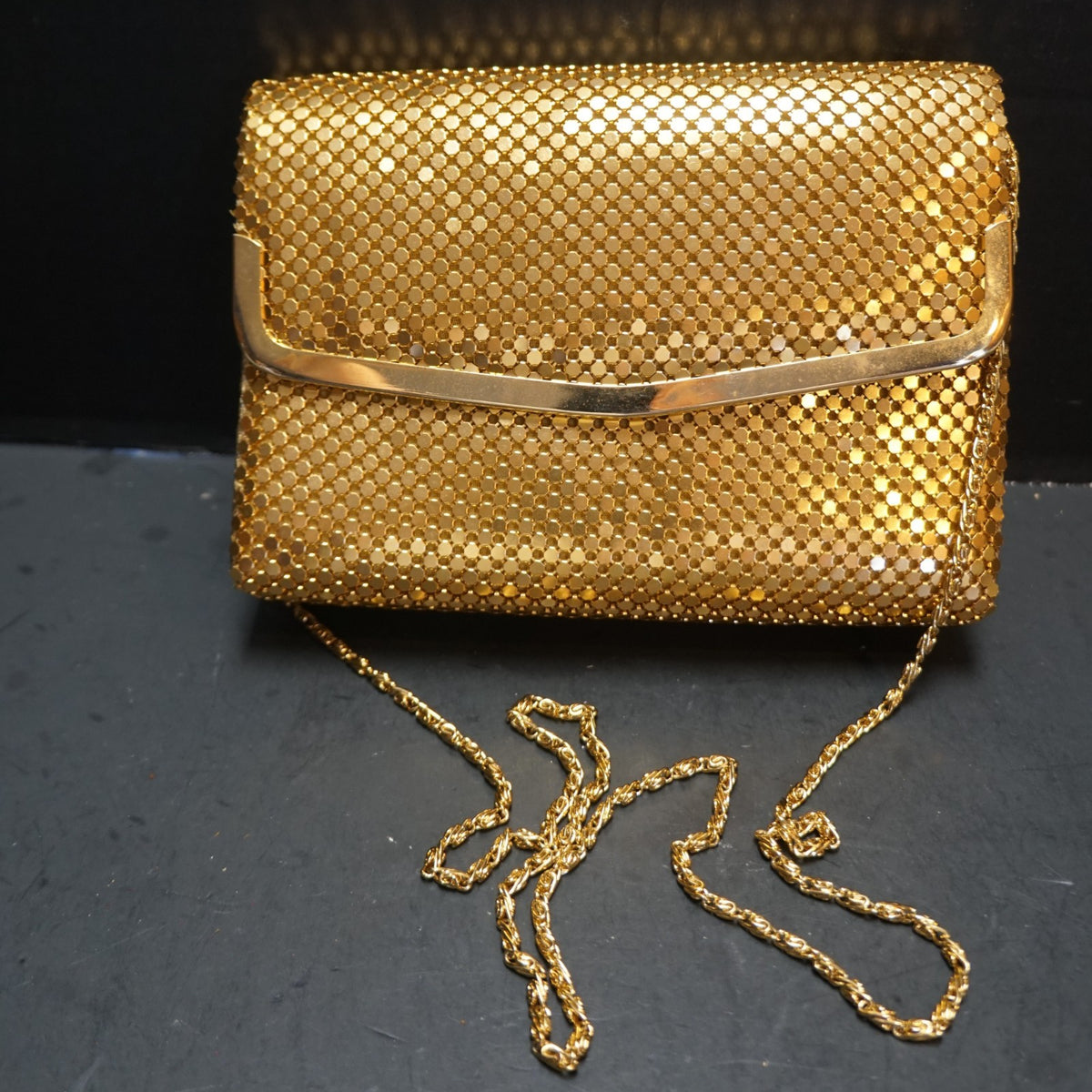 Gold Tone Metal Mesh Vintage Purse Shoulder Bag Clutch