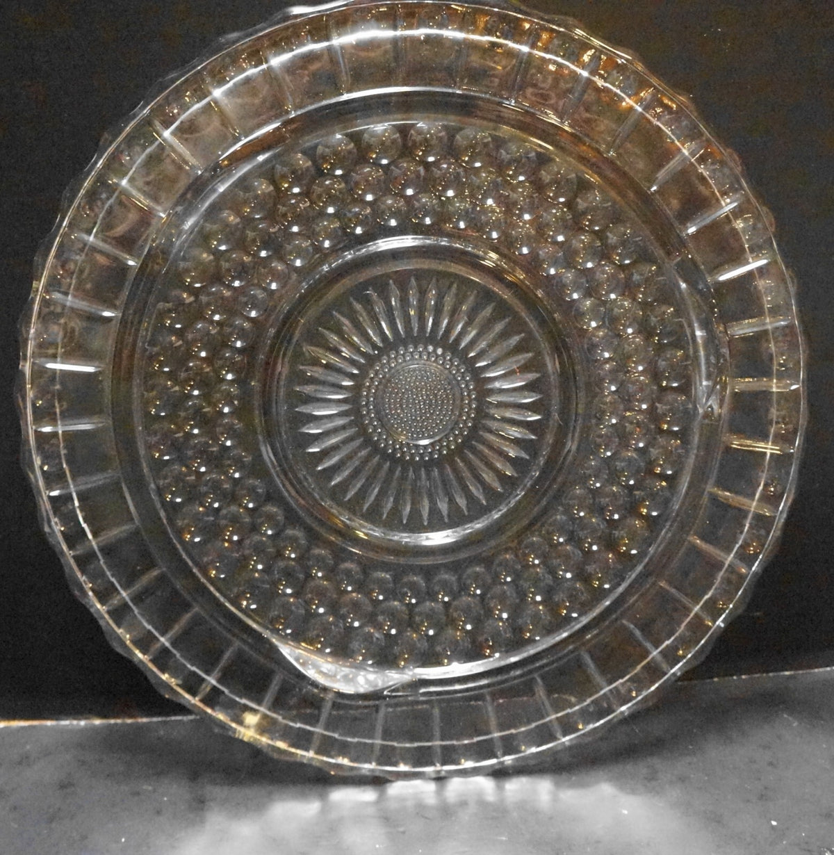 Federal Glass Daisy Sunflower Dots Circles Footed Cake Plate Clear