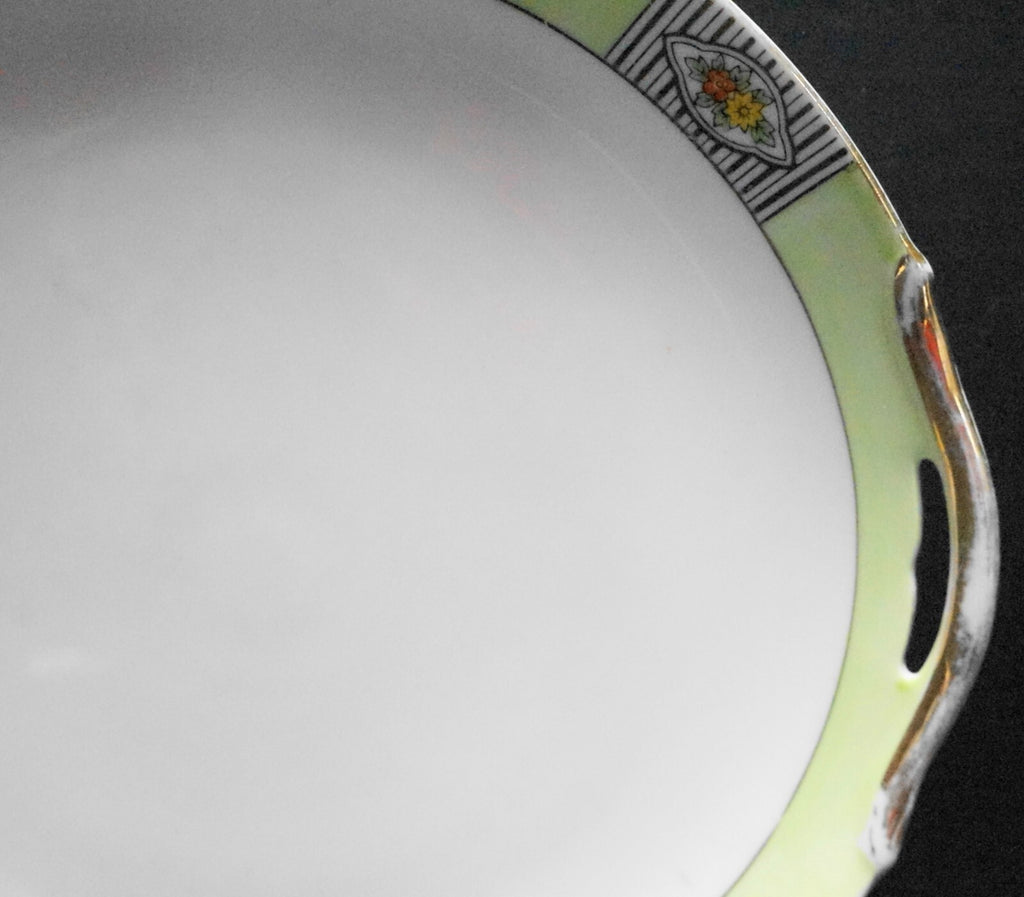 Noritake Morimura Art Deco Cake Plate Green Rim Flowers