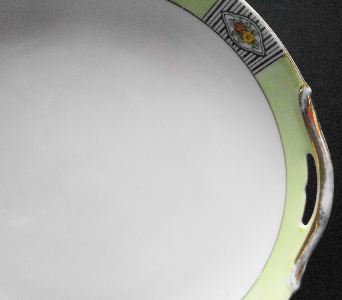 Noritake Morimura Art Deco Cake Plate Green Rim Flowers