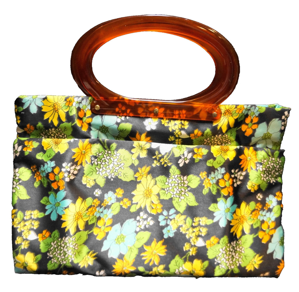 Lady's Pride Satin Floral Folding Tote Bag Clutch 1960s Flower Power Lucite Hand