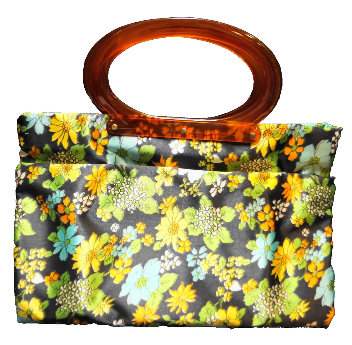 Lady's Pride Satin Floral Folding Tote Bag Clutch 1960s Flower Power Lucite Hand