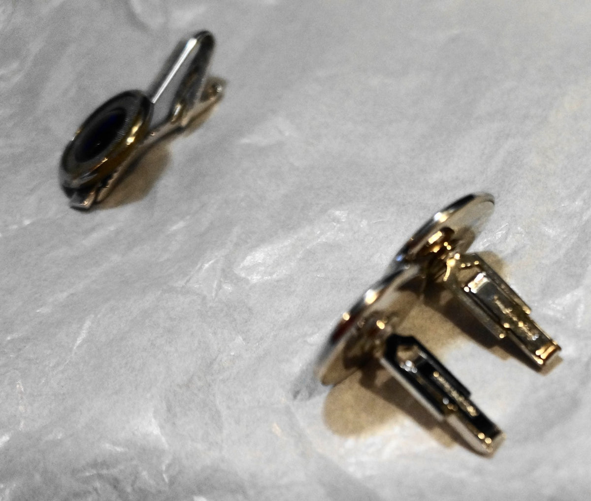 Cobalt Blue Glass Cab Textured Silver Tone Cufflinks Tie Bar
