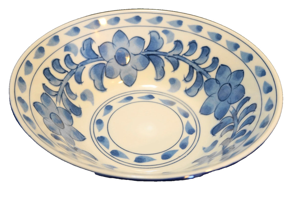 Blue White Floral Hand Painted Porcelain Rice Soup Bowl Large 7 1/2 IN Japan