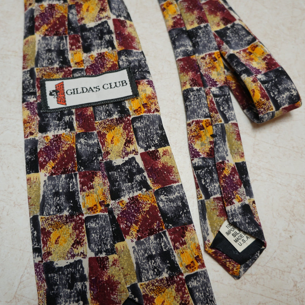 Gilda's Club Abstract Patchwork Silk Tie Yellow Gray Burgundy