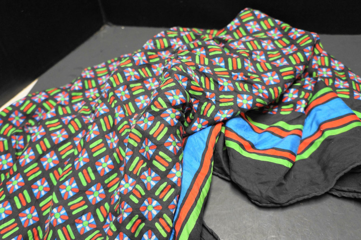 YSL Yves Saint Laurent 1980s Geometric Silk Scarf Black Blue Green Red