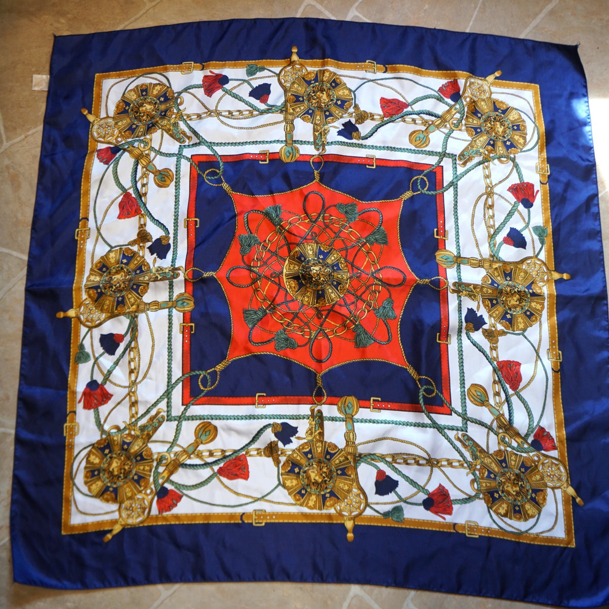 Lion Medallion Equestrian Polyester Scarf Made in Korea 34 IN