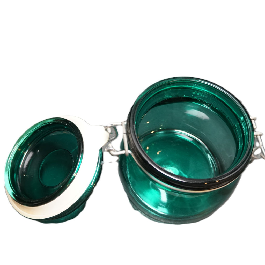 Teal Emerald Green Glass Short Canister Jar Wire Bale