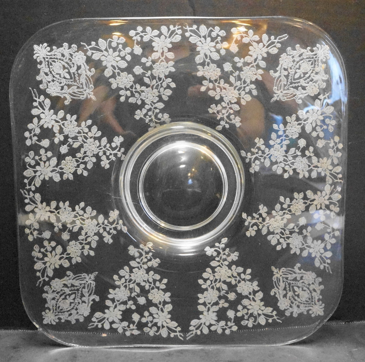 Elegant Floral Etched Glass Square Low Cake Plate Platter