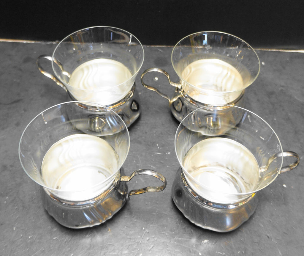 Schott Mainz Jena Glass Silverplate Holder Coffee Cups Set of 4 MCM