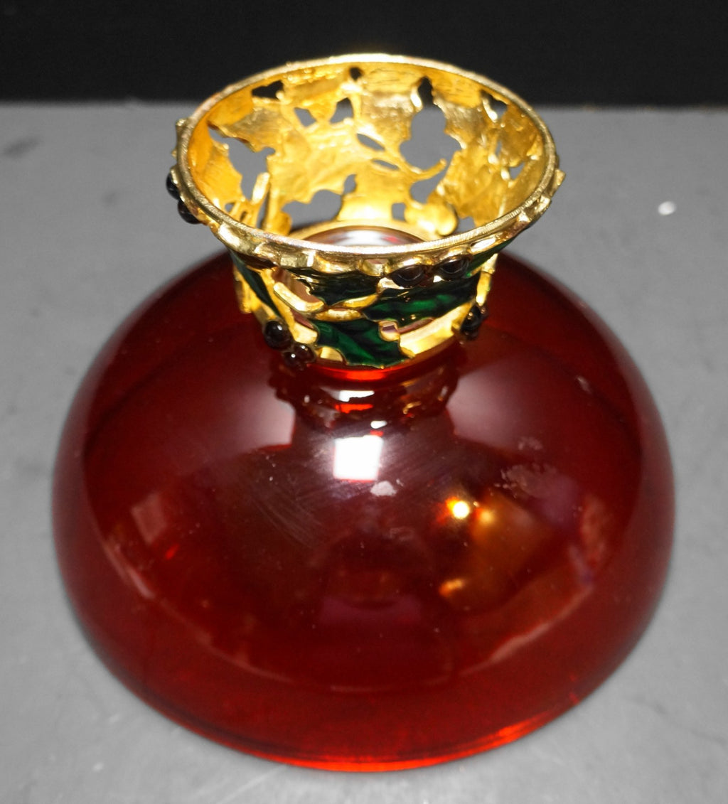 Teleflora Christmas Red Glass Bowl Enamel Holly Pedestal Base