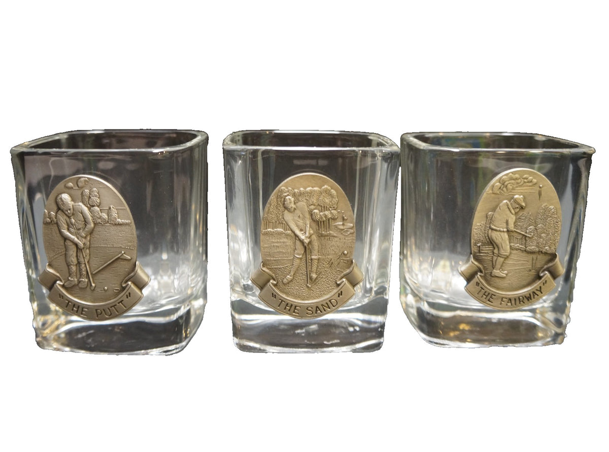 Fort USA Golf Rocks Tumblers Glasses Pewter Medallions Set of 3