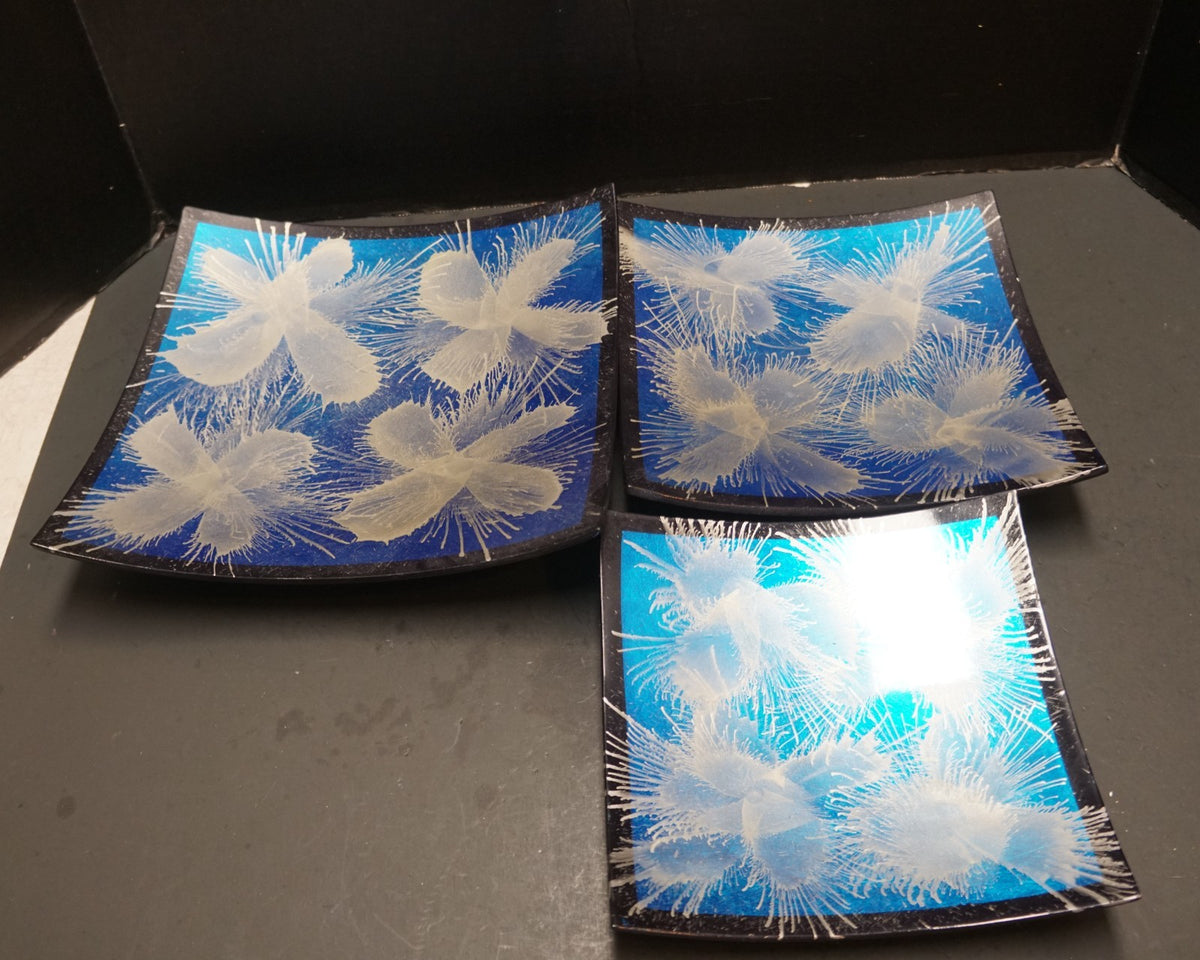 Blue Silver Black Japanese Lacquerware Square Graduated Trio Plates