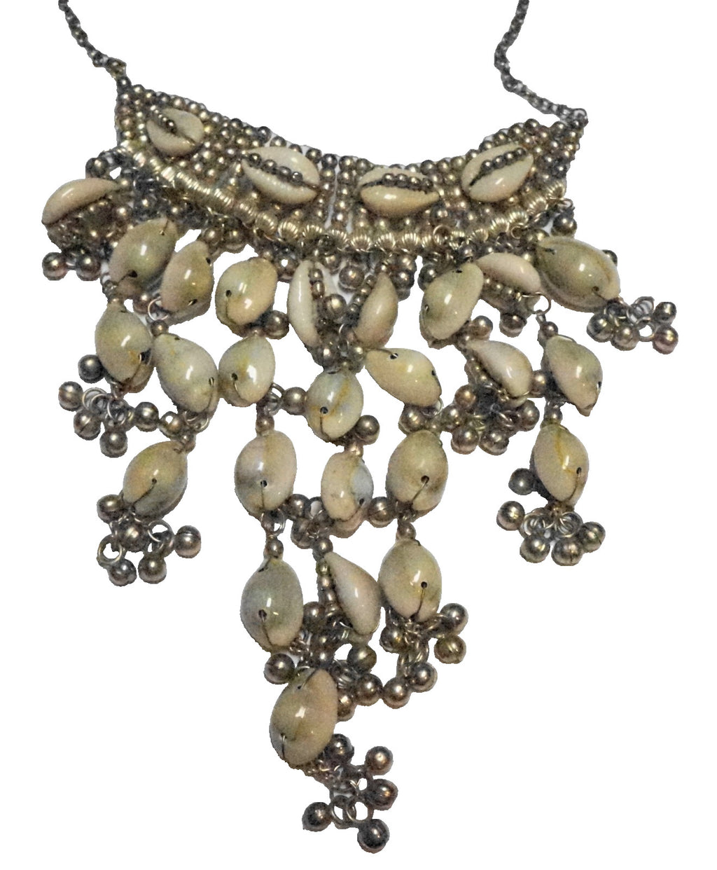 Tribal Silver Cowrie Shell Beaded Fringe Bib Necklace