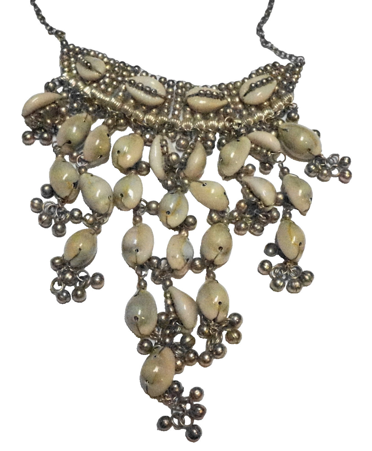 Tribal Silver Cowrie Shell Beaded Fringe Bib Necklace