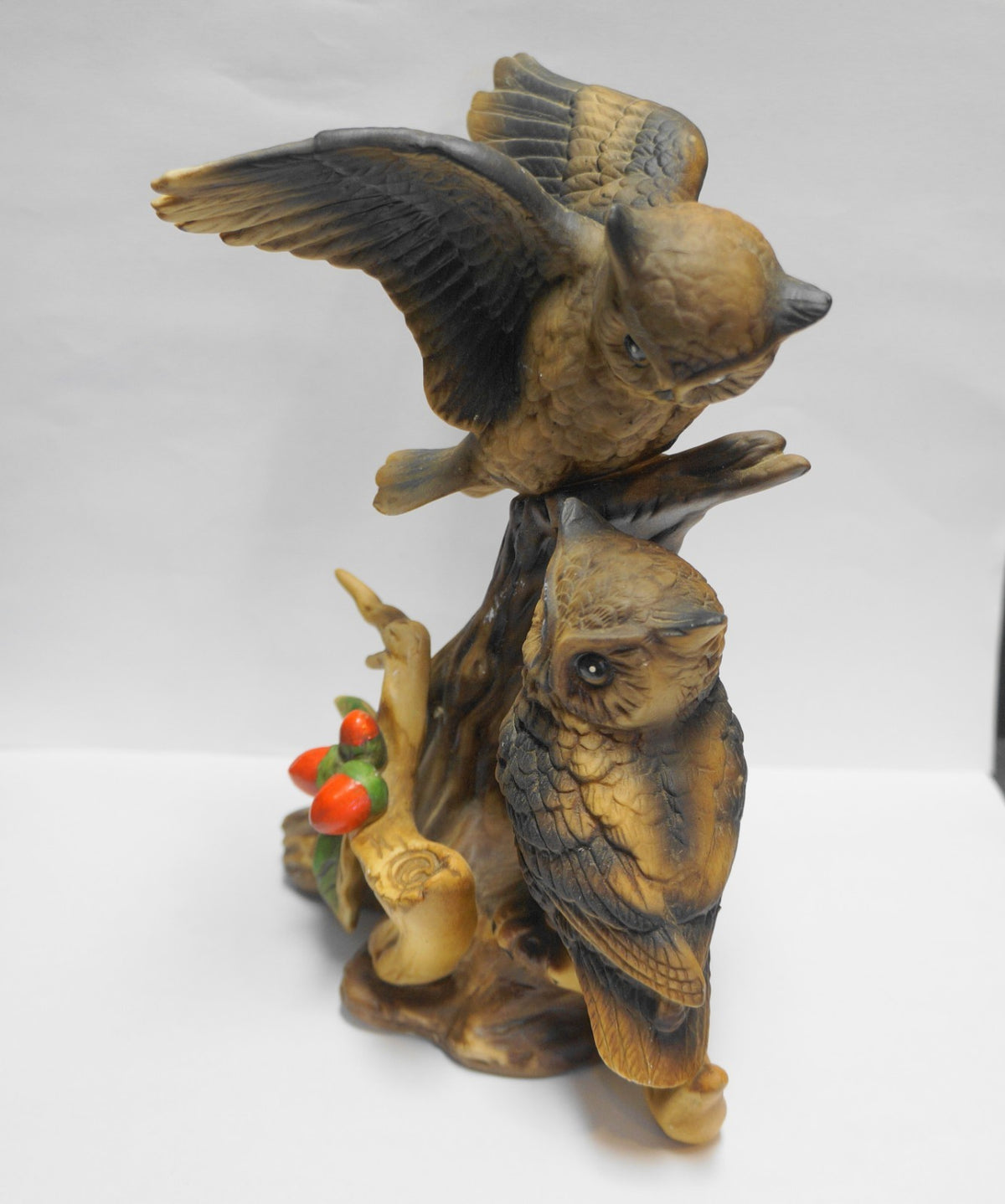 Brown Owls Porcelain Figurine Hand Painted Red Berries