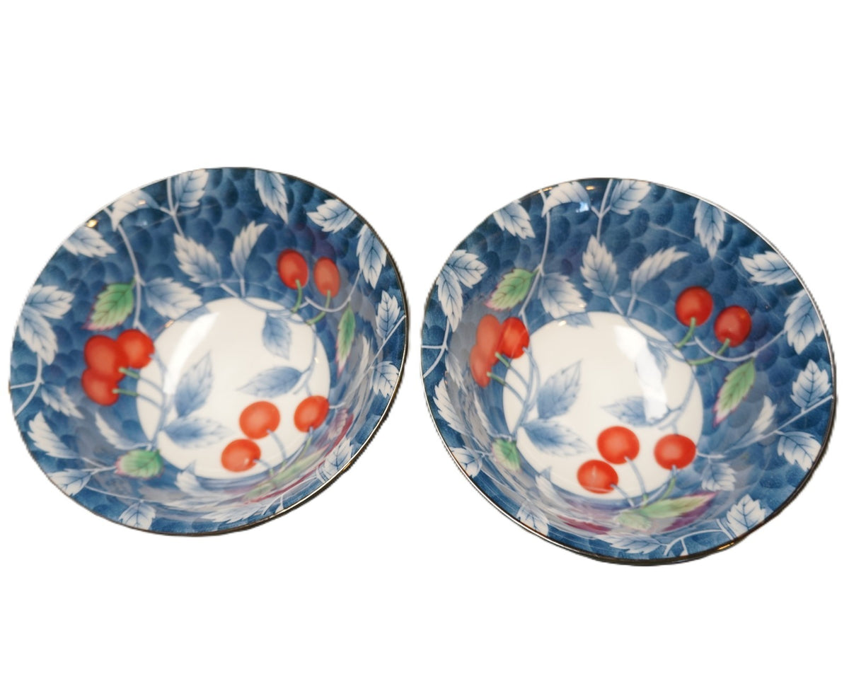 Williams Sonoma Cherries Blue Hand Painted Rice Bowls Pair 1997 Arita Japan