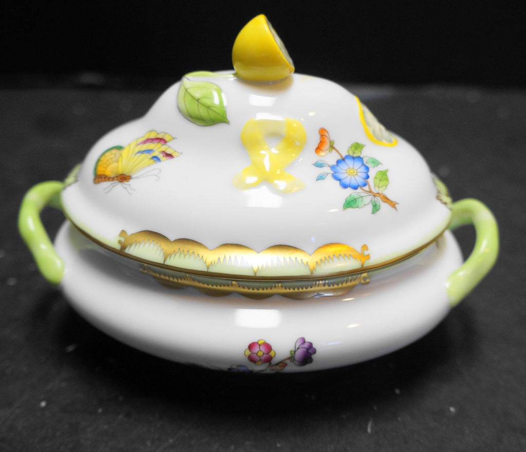 Herend Queen Victoria Green Trim Butterflies Flowers Mini Tureen Lemon Knob
