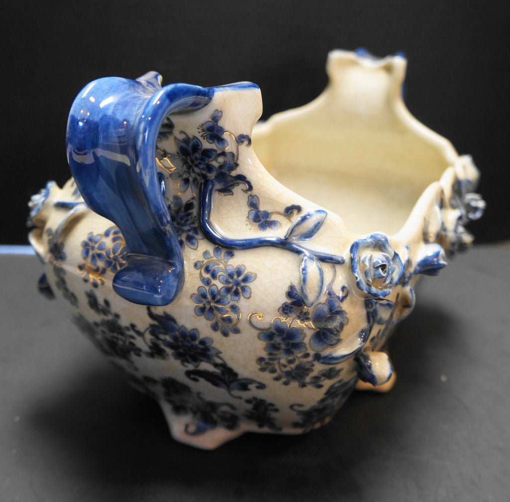 Blue White Rectangle Planter Embossed Flowers Crackle Glaze China